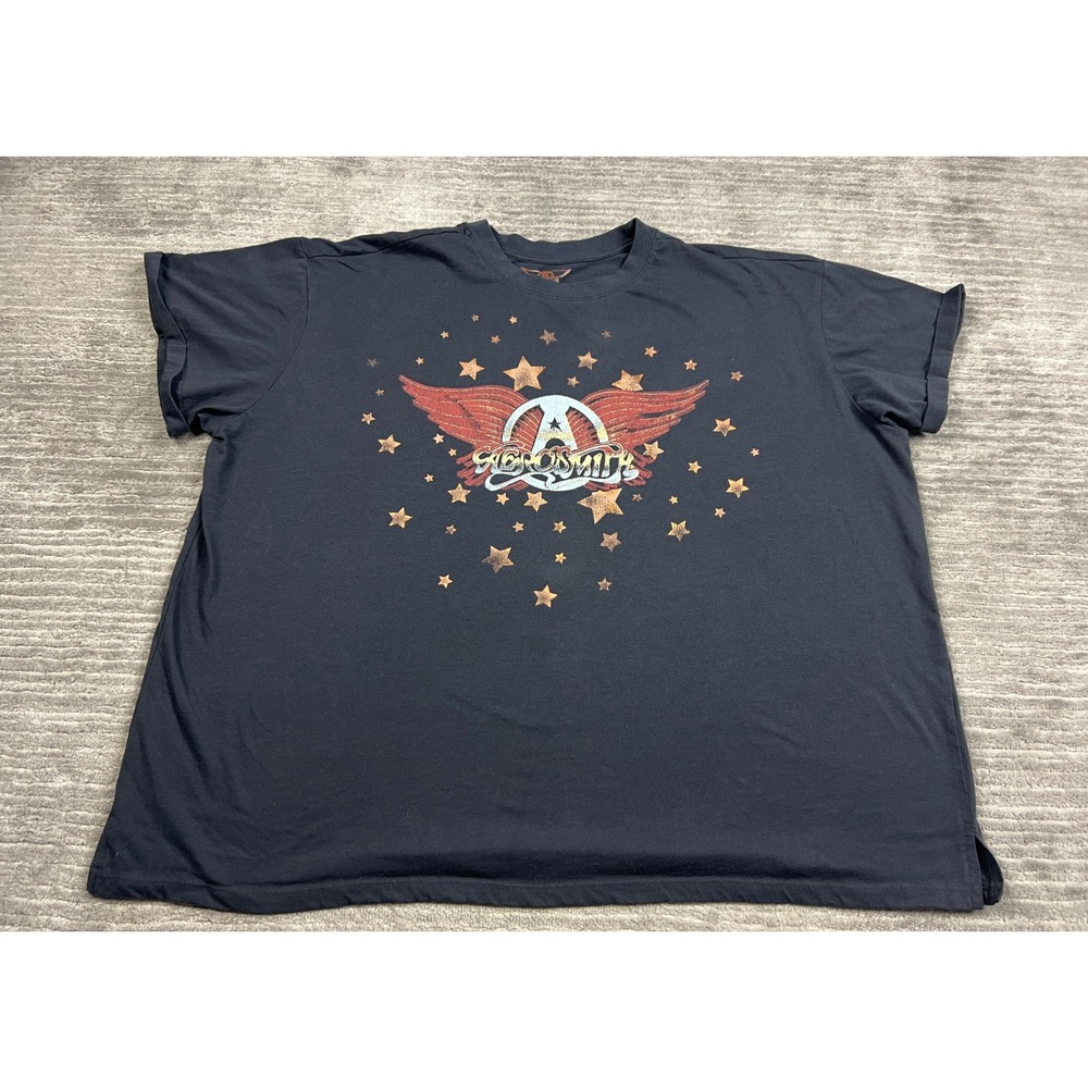 Aerosmith T-Shirt Womens 2X Black Graphic Winged Logo Stars Rolled Sleeve Tee